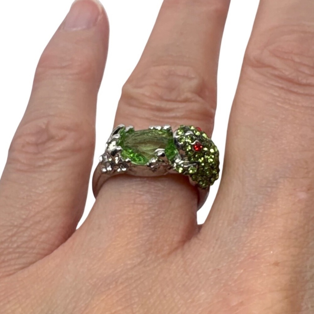 Green Crystal Frog Statement Ring Silver Tone Pave Red Eyes Size 5.5 Cocktail